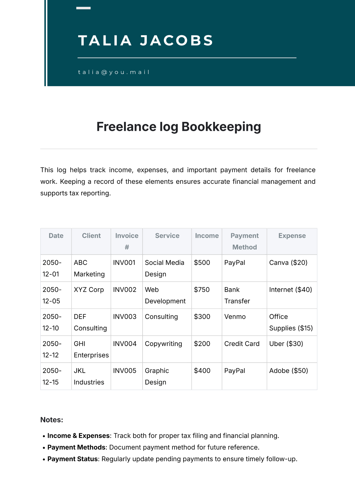 Freelance Bookkeeping Template