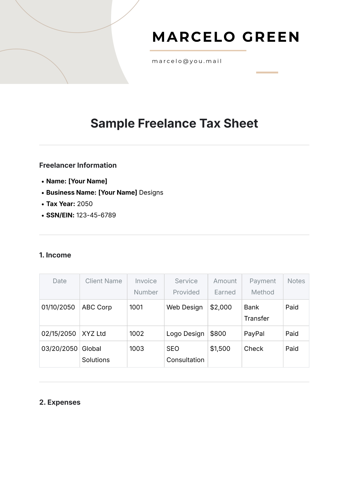 Free Sample Freelance Tax Sheet Template to Edit Online