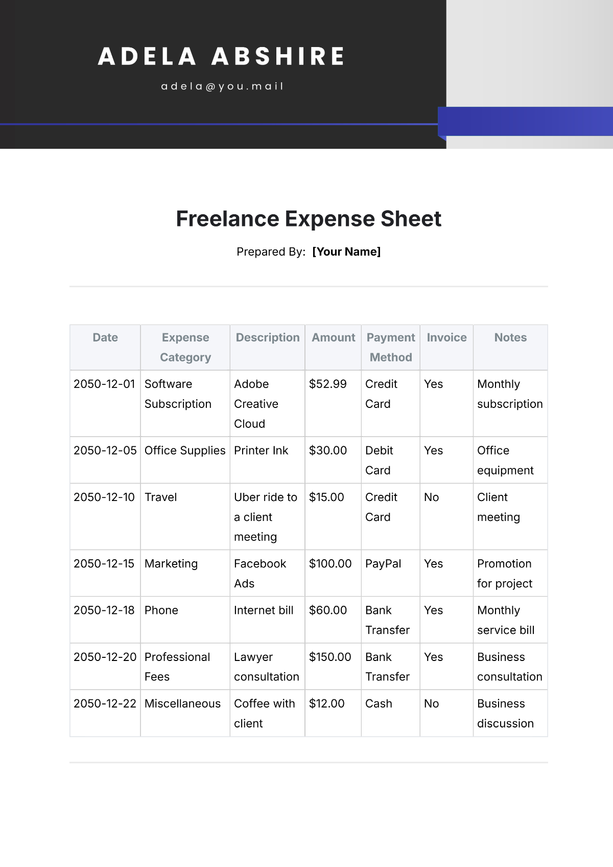 Freelance Expense Sheet Template