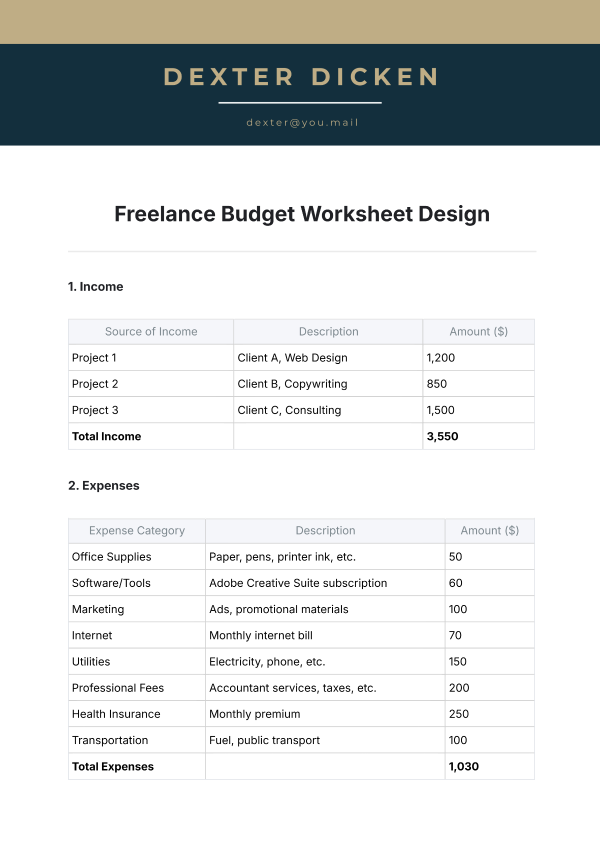 Freelance Budget Worksheet Design Template