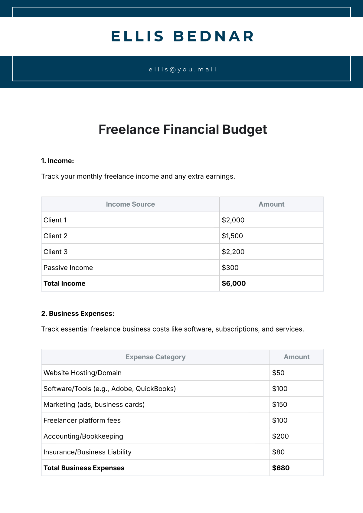 Freelance Financial Budget Template