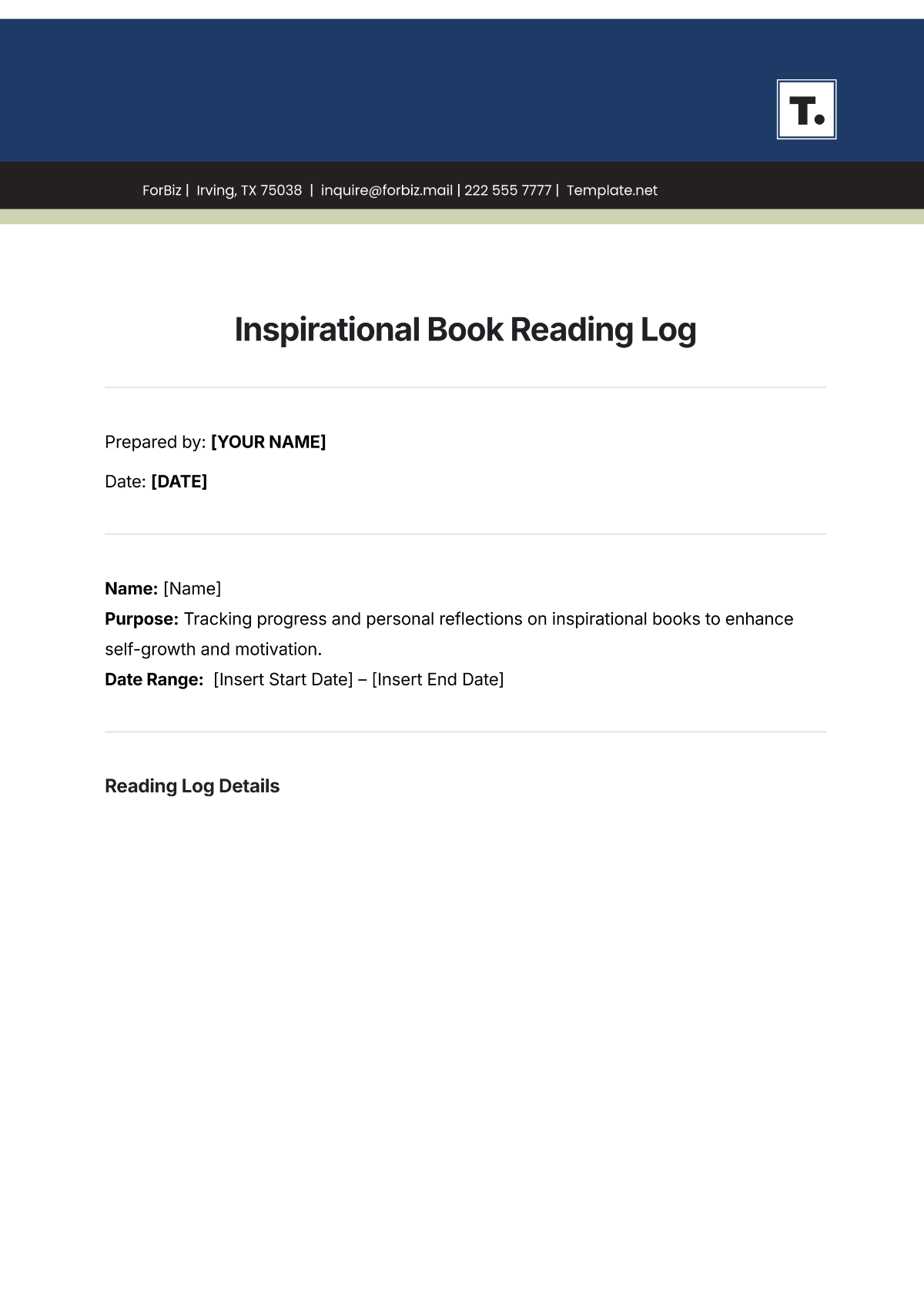 Inspirational Book Reading Log Template - Edit Online & Download