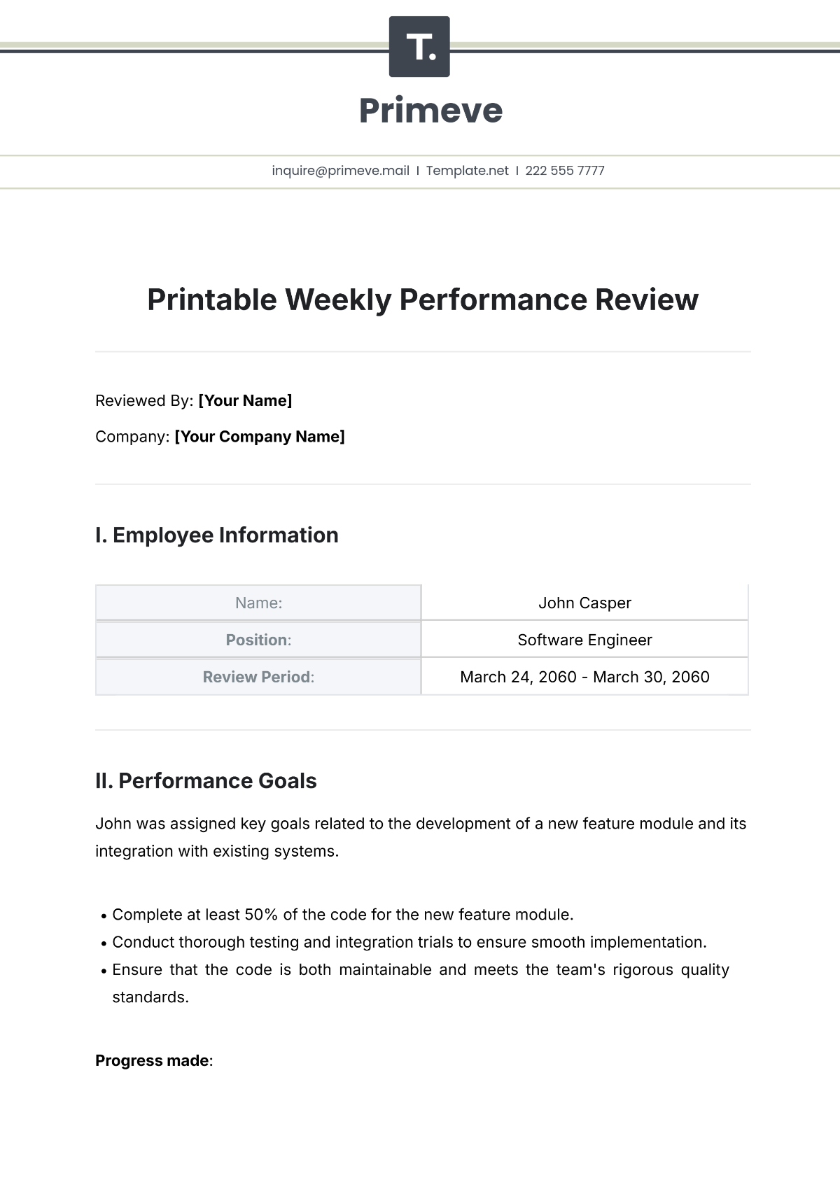 Free Printable Weekly Performance Review Template