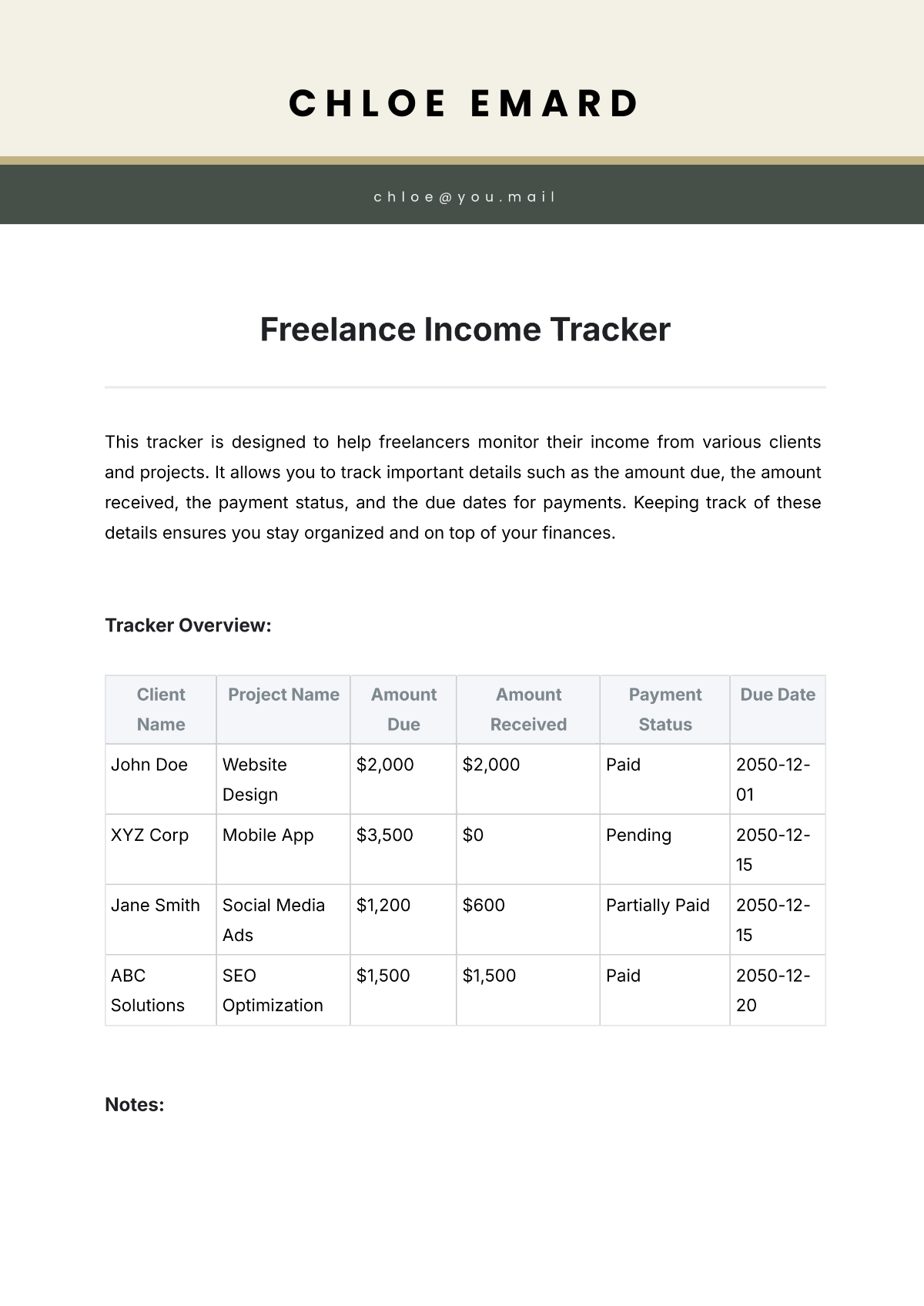 Freelance Income Tracker Template