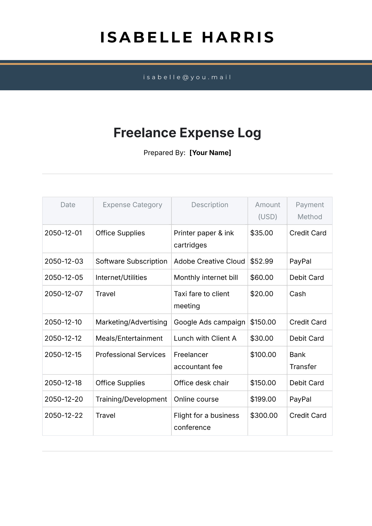 Freelance Expense Log Template