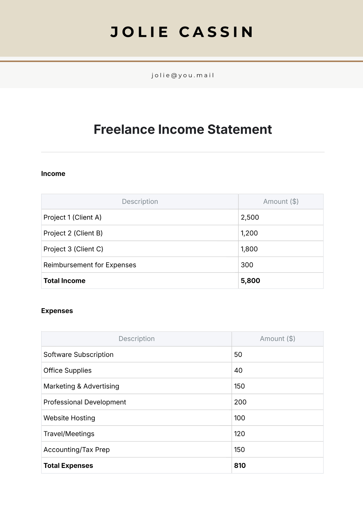 Freelance Income Statement Template