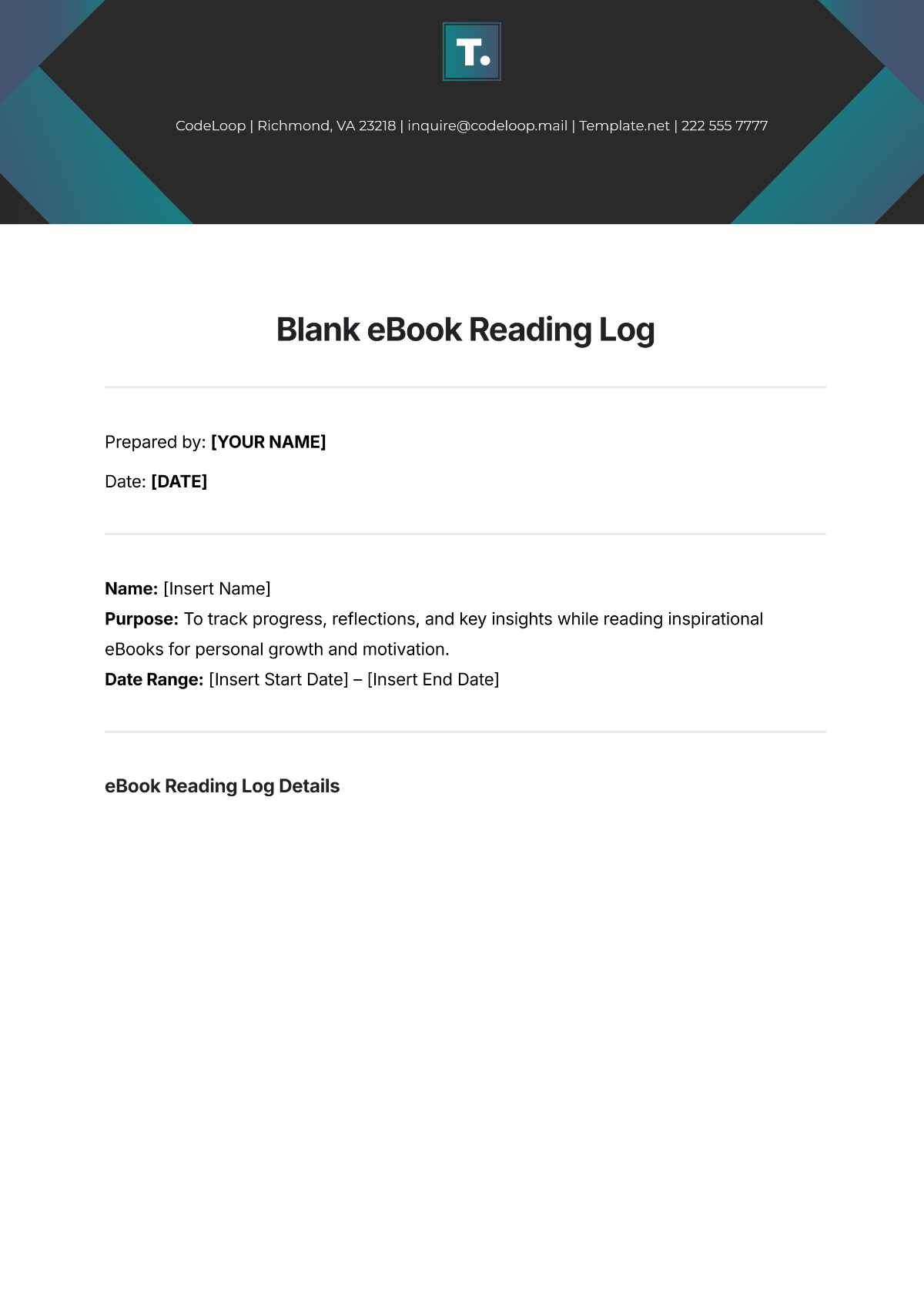 Blank eBook Reading Log Template - Edit Online & Download