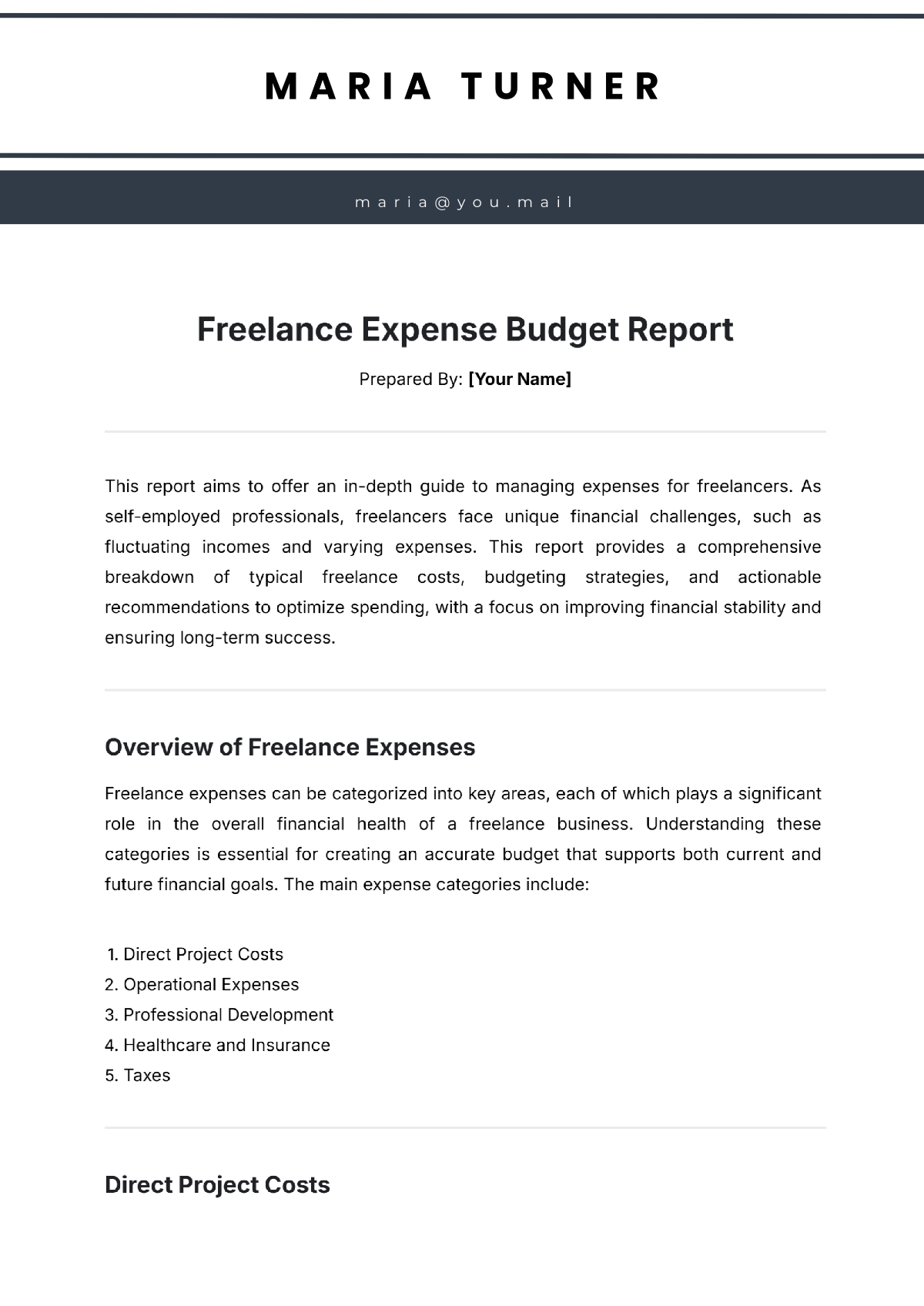 Freelance Expense Budget Report Template