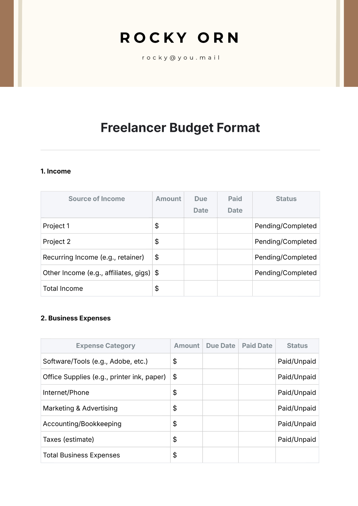 Freelancer Budget Format Template Edit Online Download Template Net