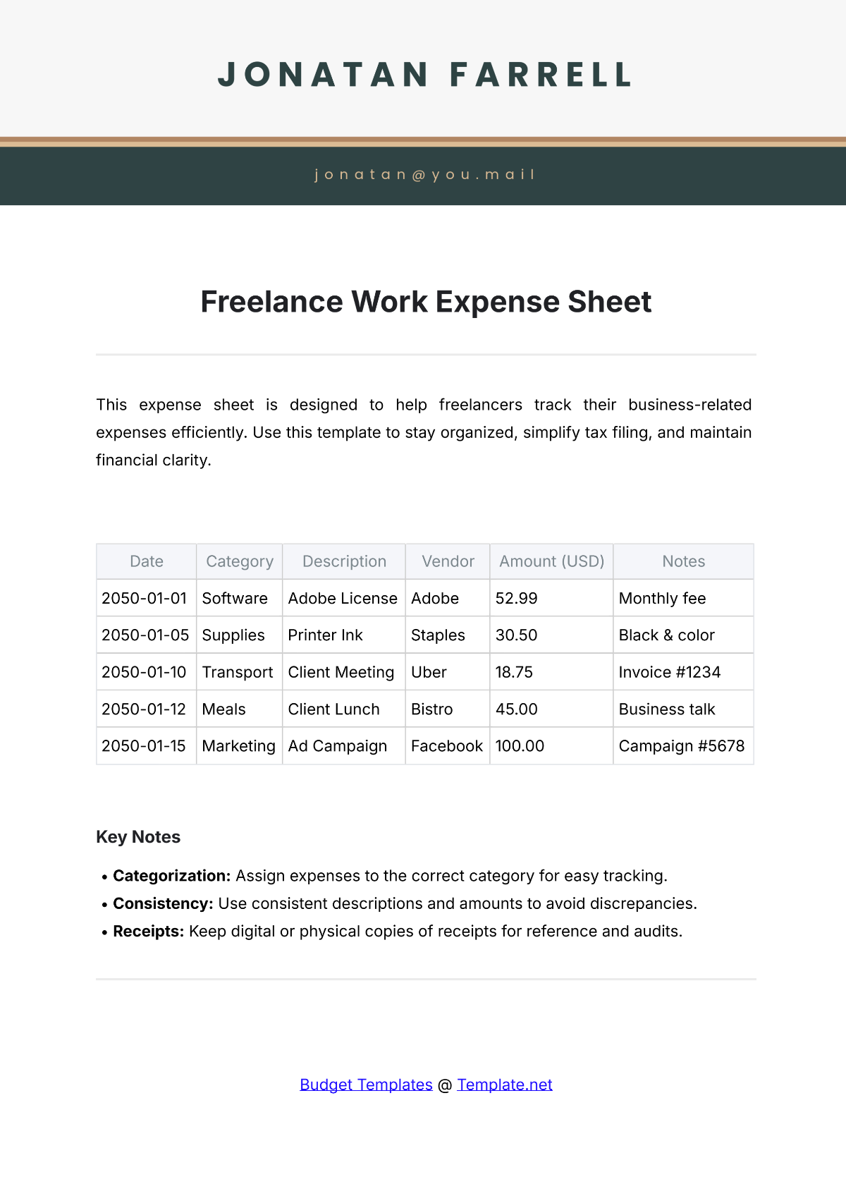 Freelance Work Expense Sheet Template