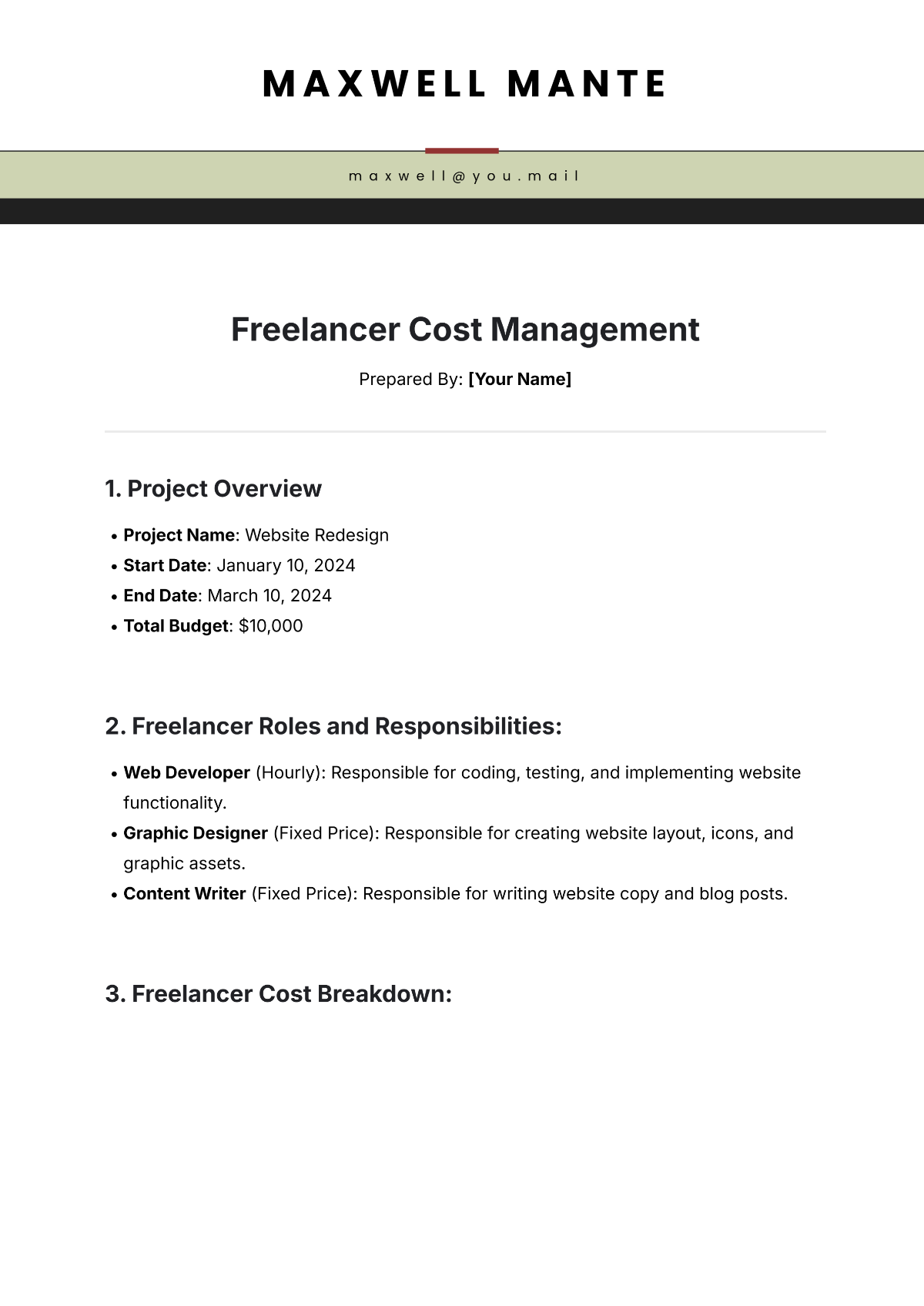 Freelancer Cost Management Template