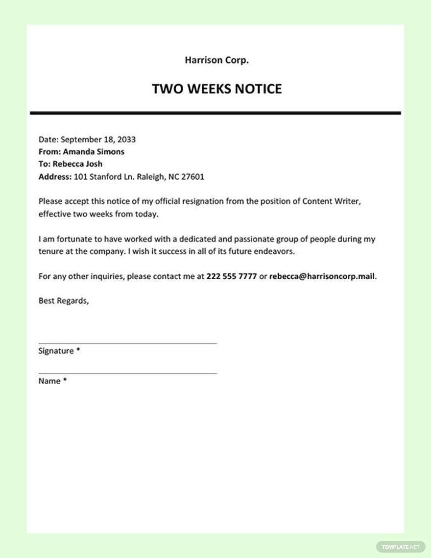Free Sample Two Weeks Notice Template