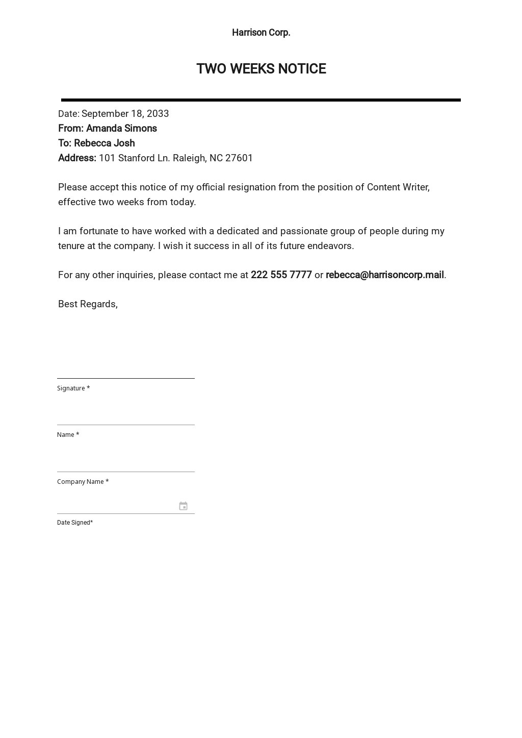 12 free two weeks notice letter templates edit download templatenet