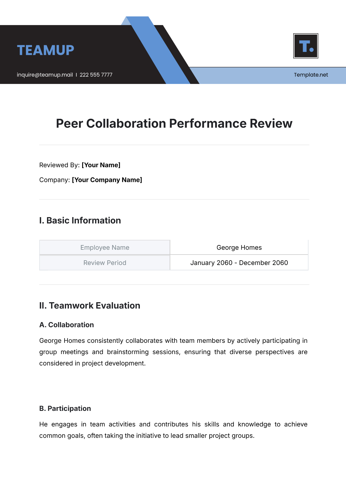 Free Peer Collaboration Performance Review Template