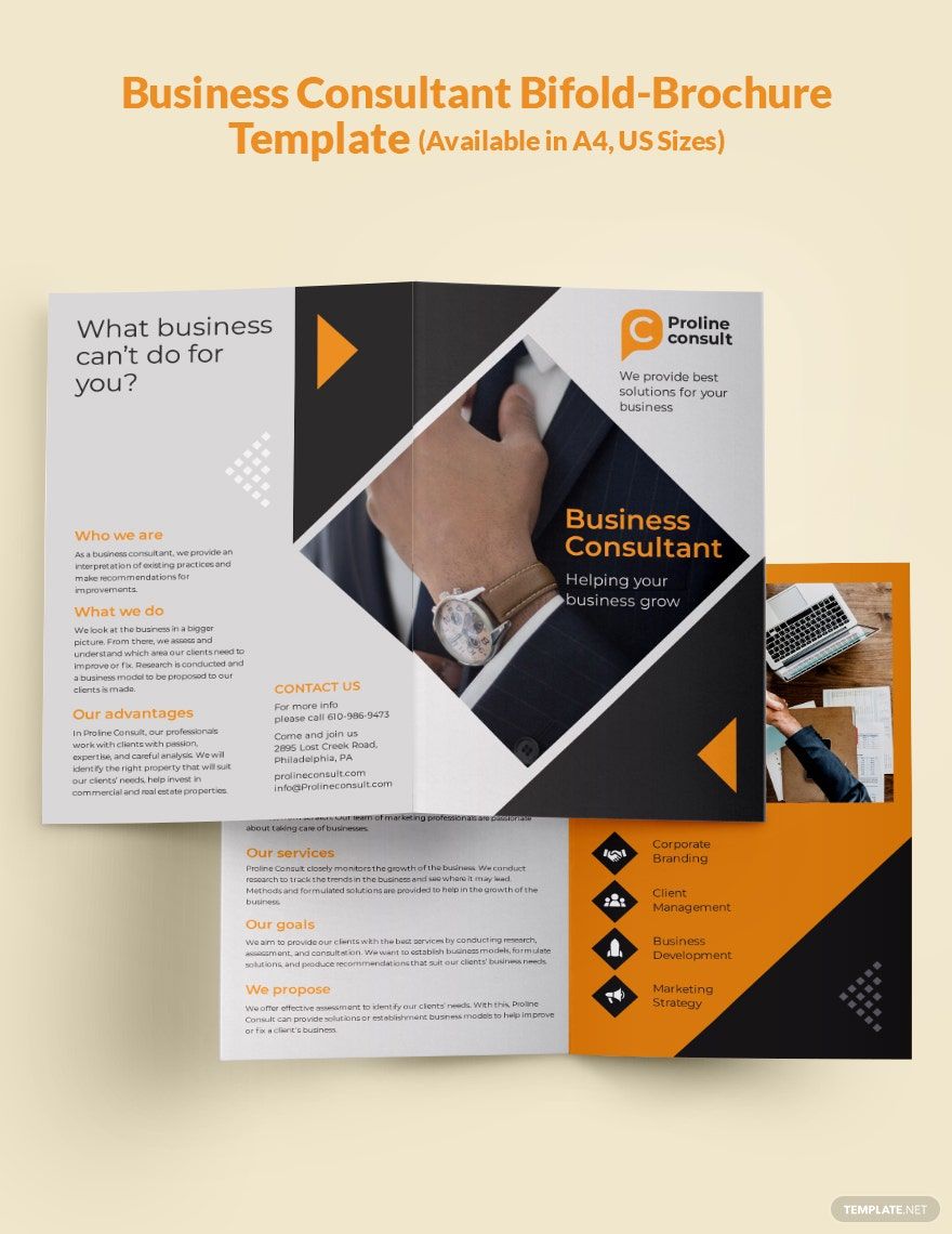 Business Consultant Bi-Fold Brochure Template in Word, Google Docs, Illustrator, PSD, Apple Pages, Publisher, InDesign
