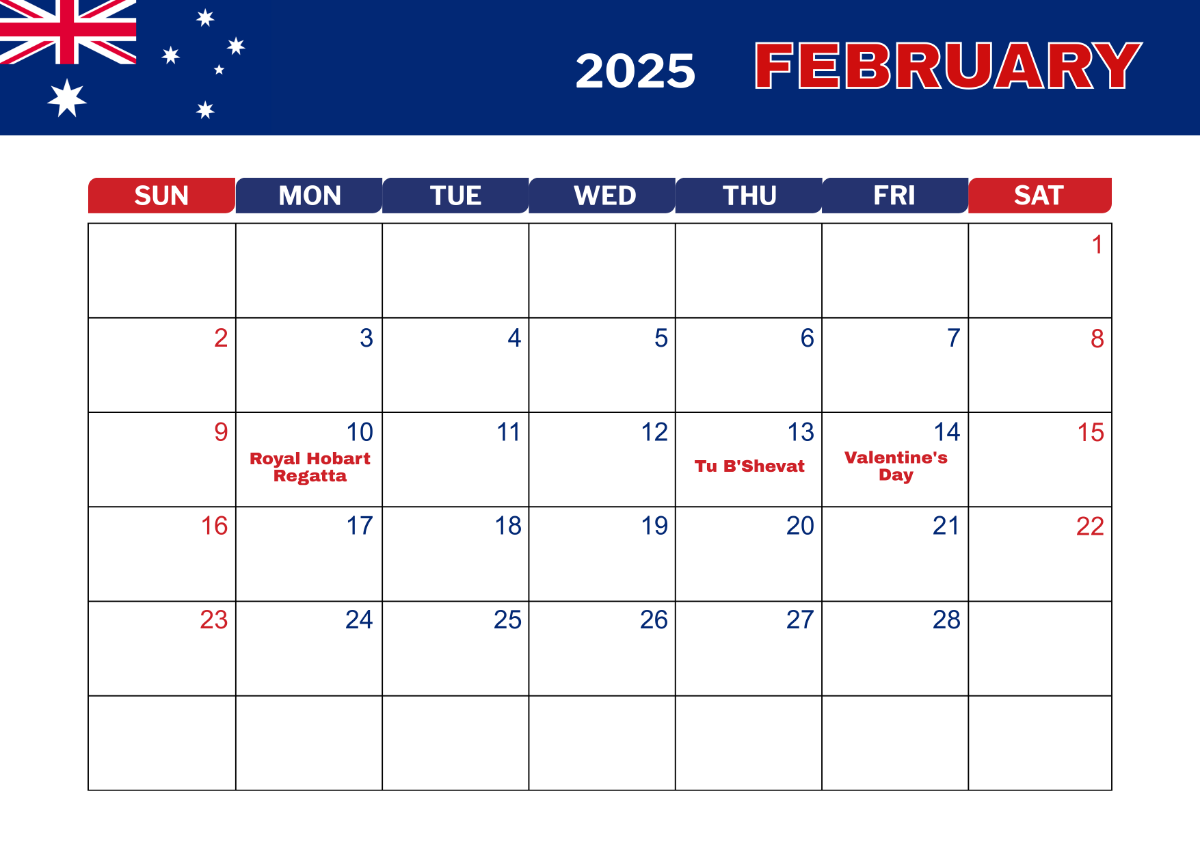 Free February 2025 calendar with Australia Holidays Template