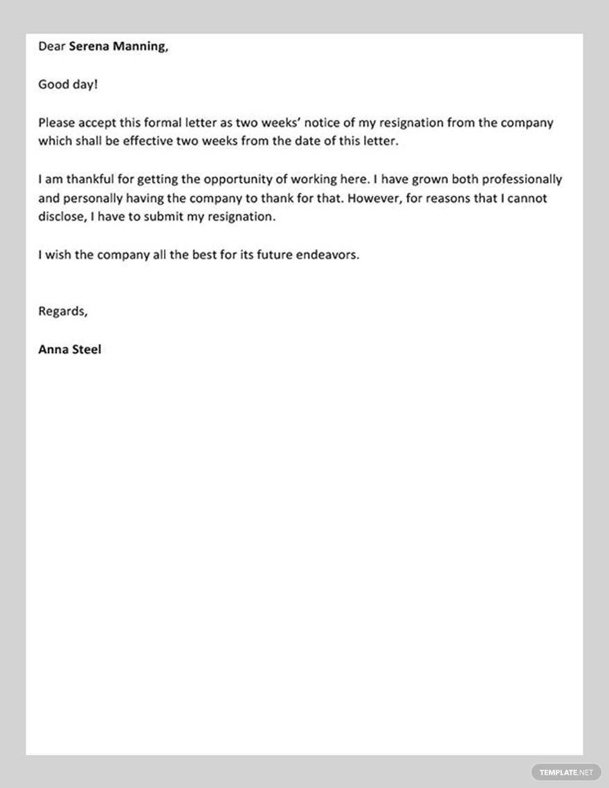 Resignation Letter Template Two Weeks Notice