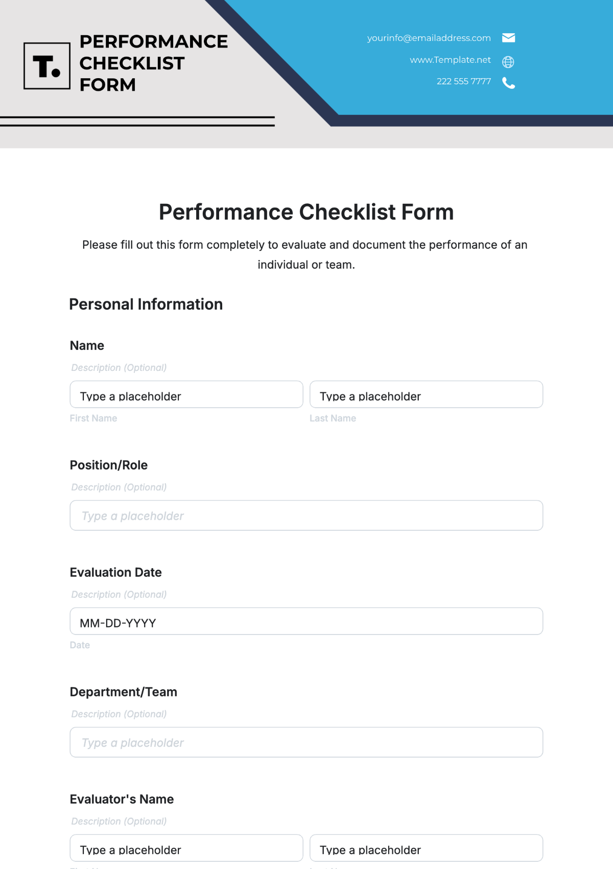 Free Performance Checklist Form Template