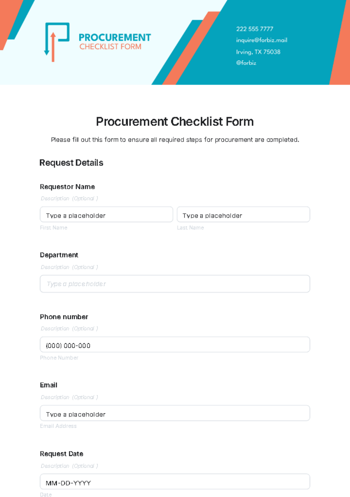 Procurement Checklist Form Template - Edit Online & Download