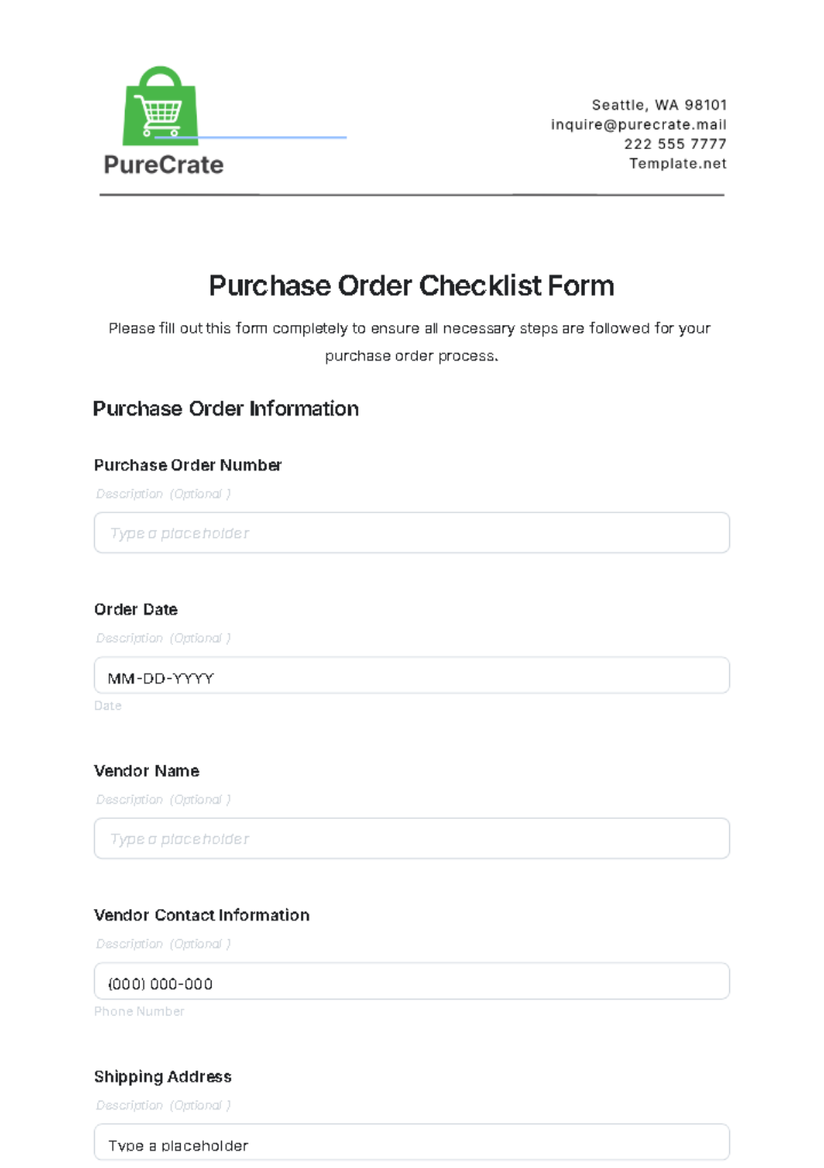 Free Purchase Order Checklist Form Template