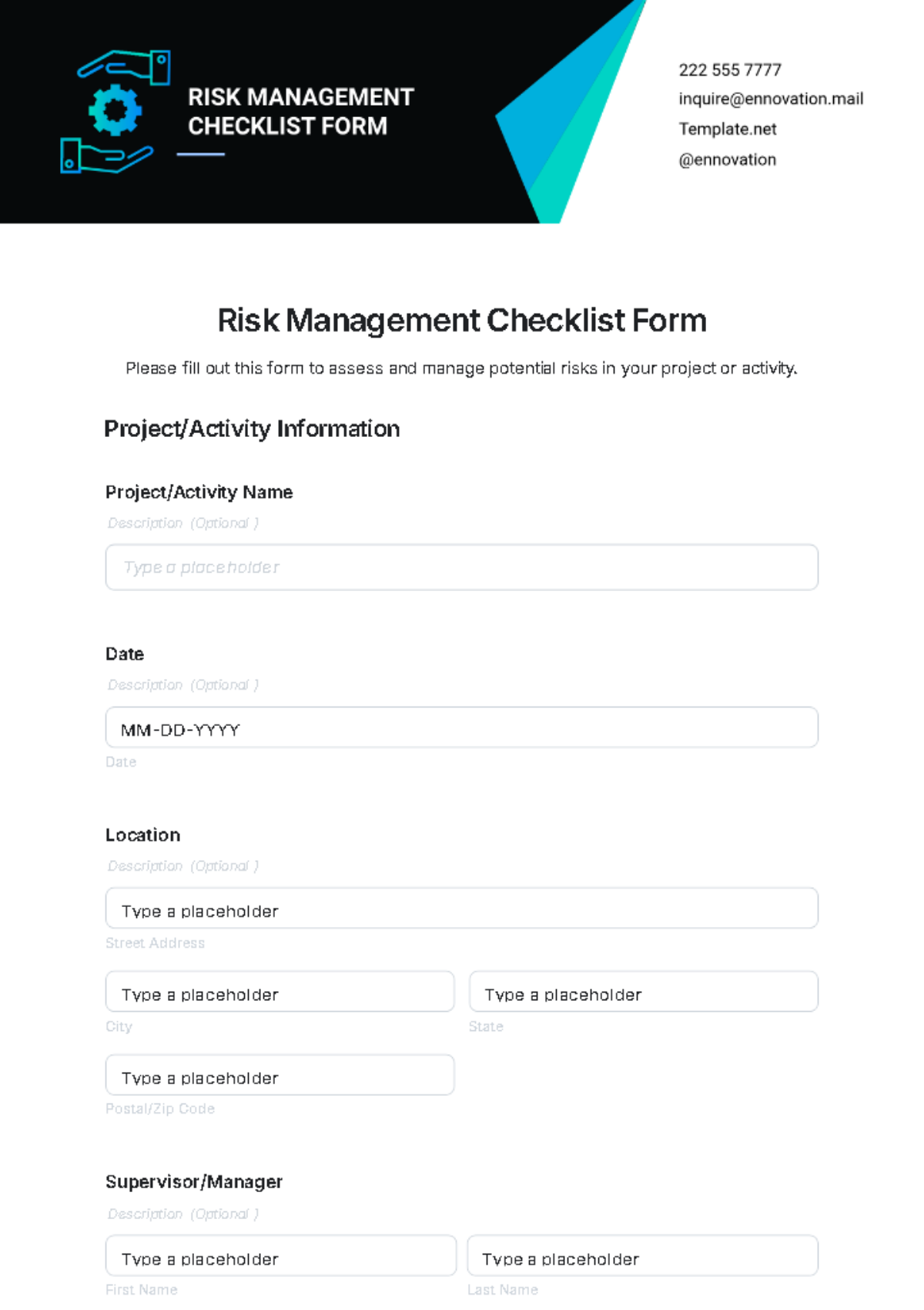 Risk Management Checklist Form Template - Edit Online & Download