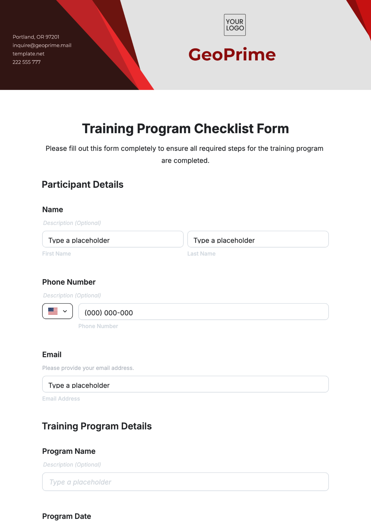 Free Training Program Checklist Form Template