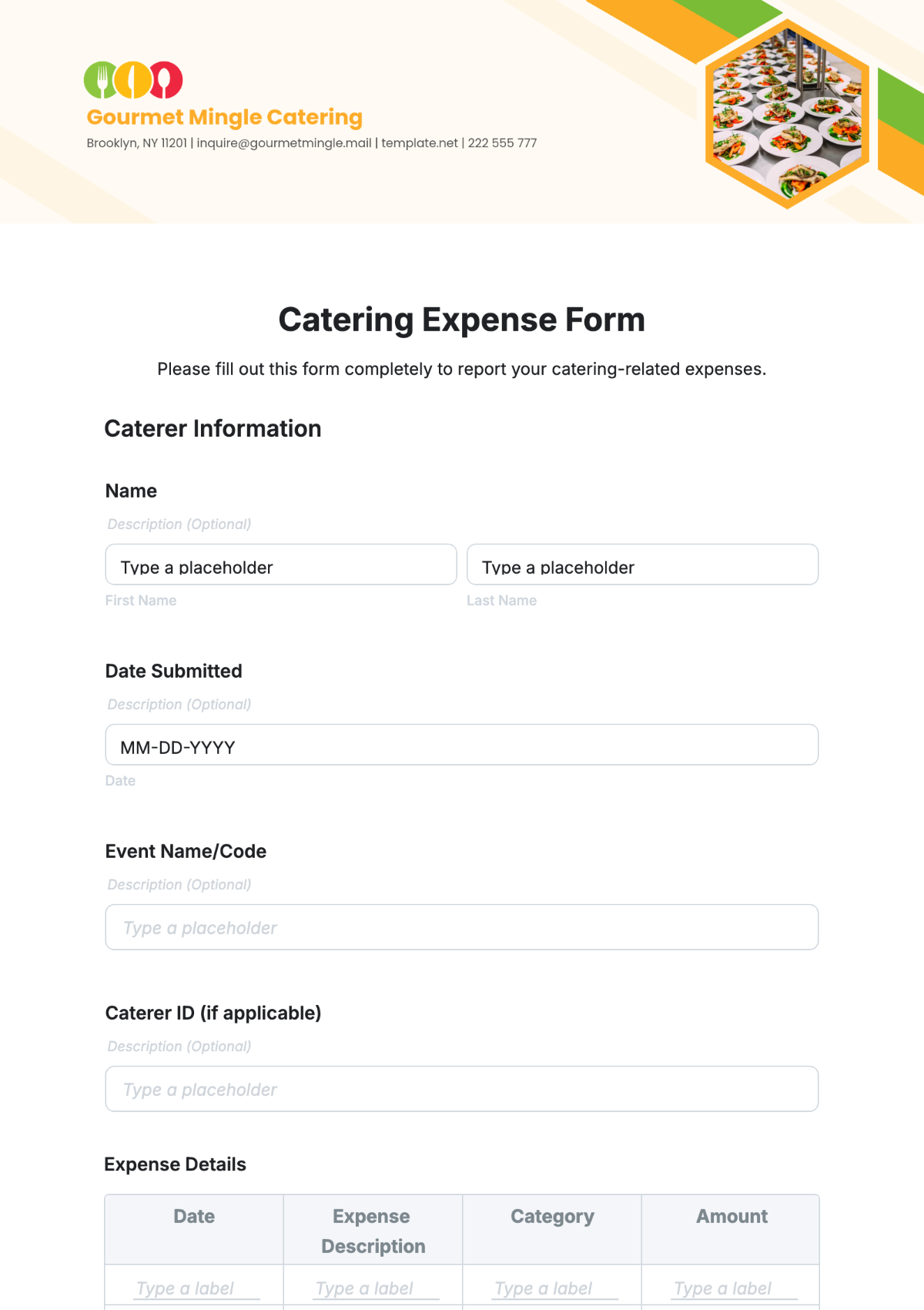 Free Catering Expense Form Template