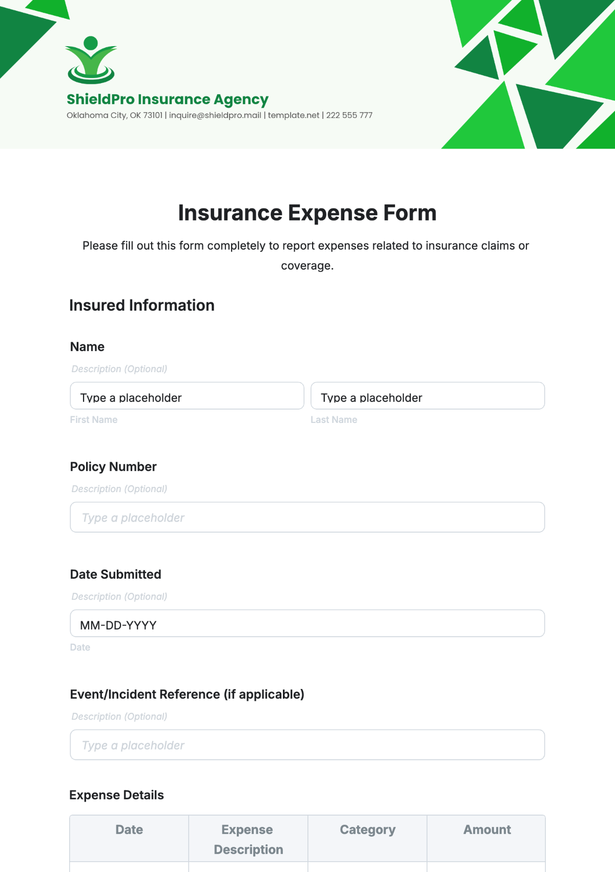 Free Insurance Expense Form Template