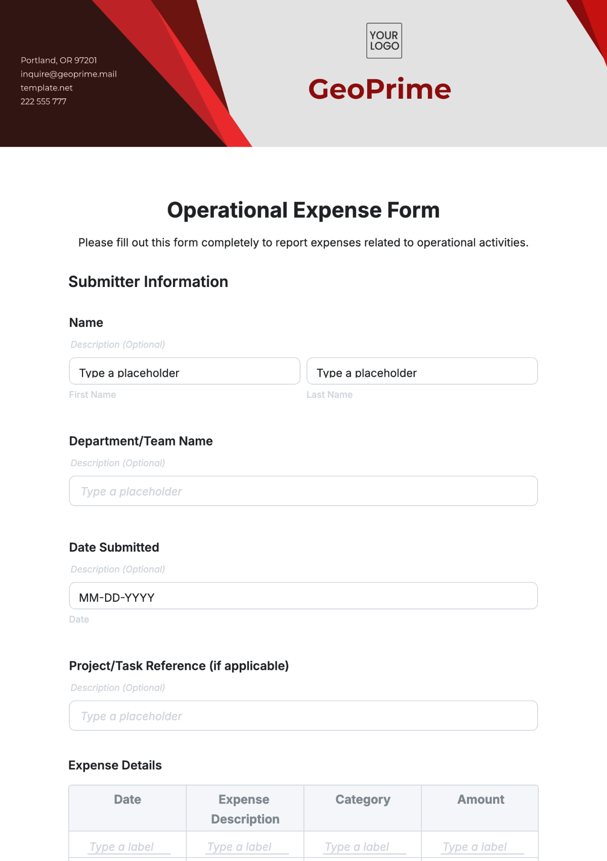 Free Operational Expense Form Template