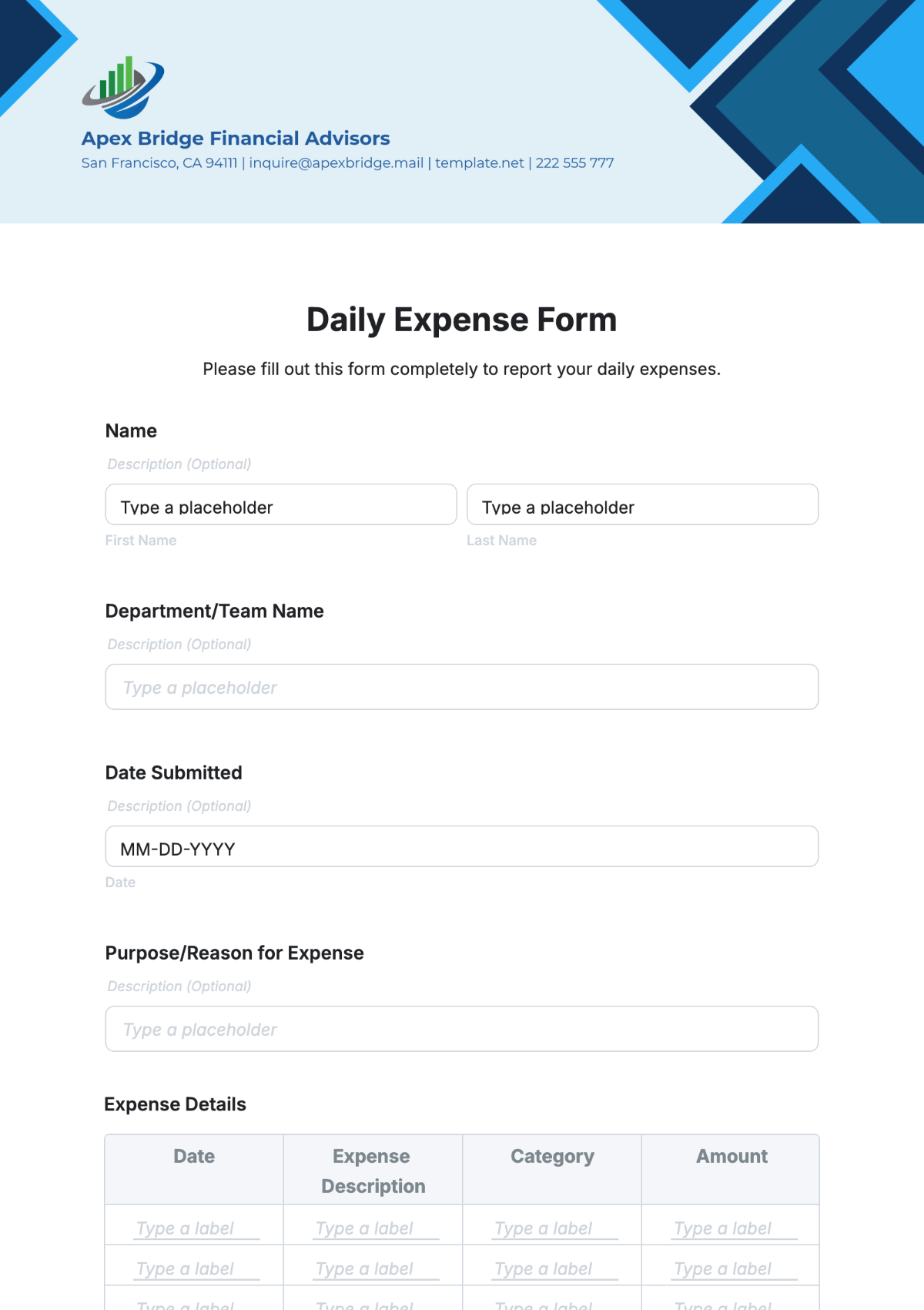 Free Daily Expense Form Template