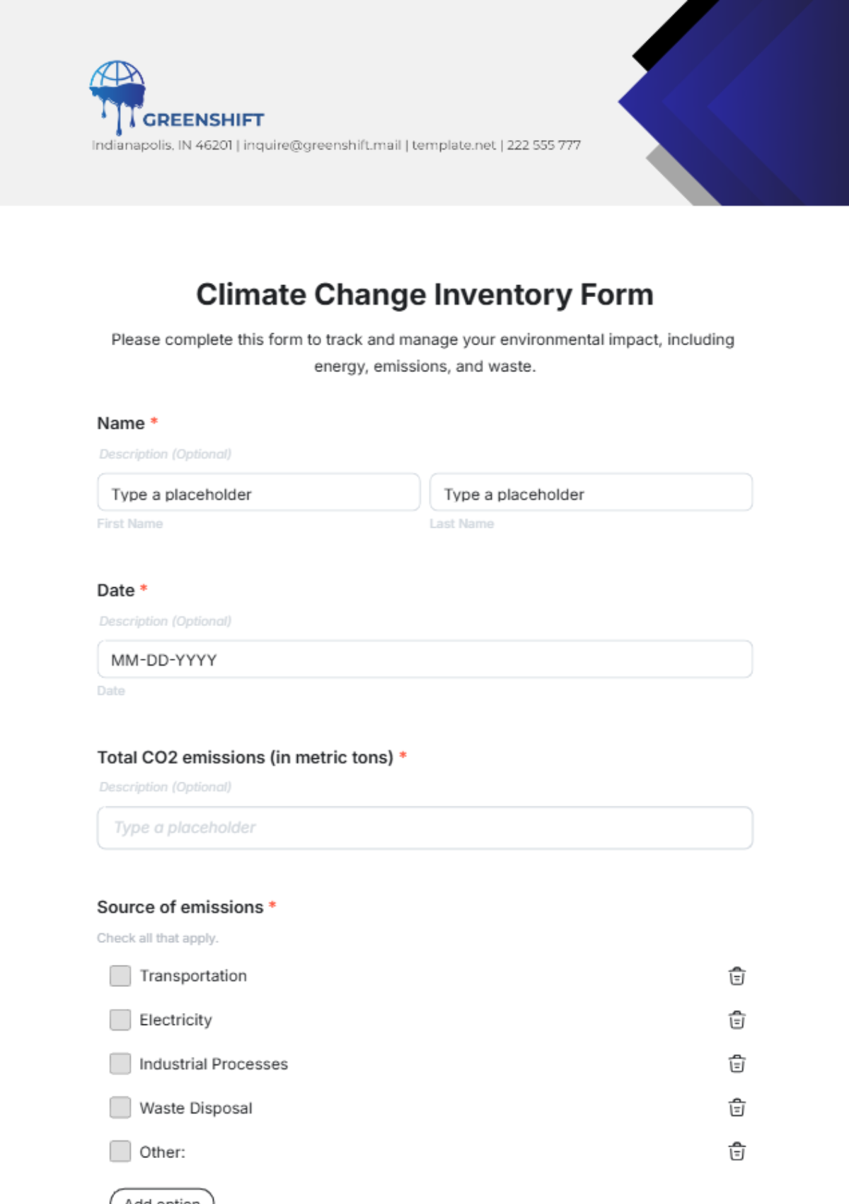 Free Climate Change Inventory Form Template