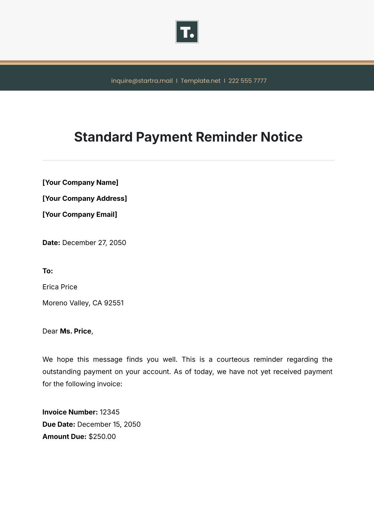 Standard Payment Reminder Notice Template - Edit Online & Download