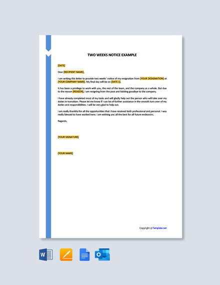 FREE Simple Two Weeks Notice Letter Template Word DOC Google Docs 