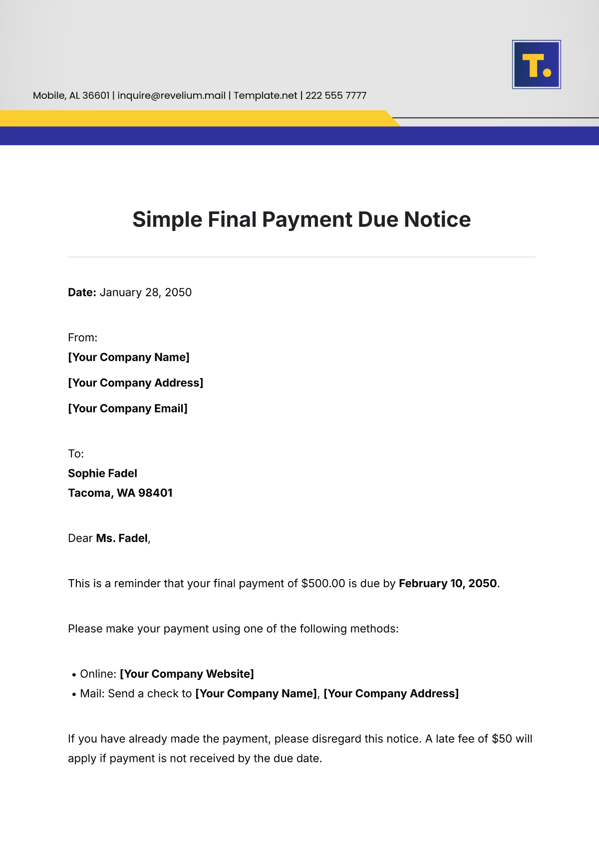 Simple Final Payment Due Notice Template - Edit Online & Download