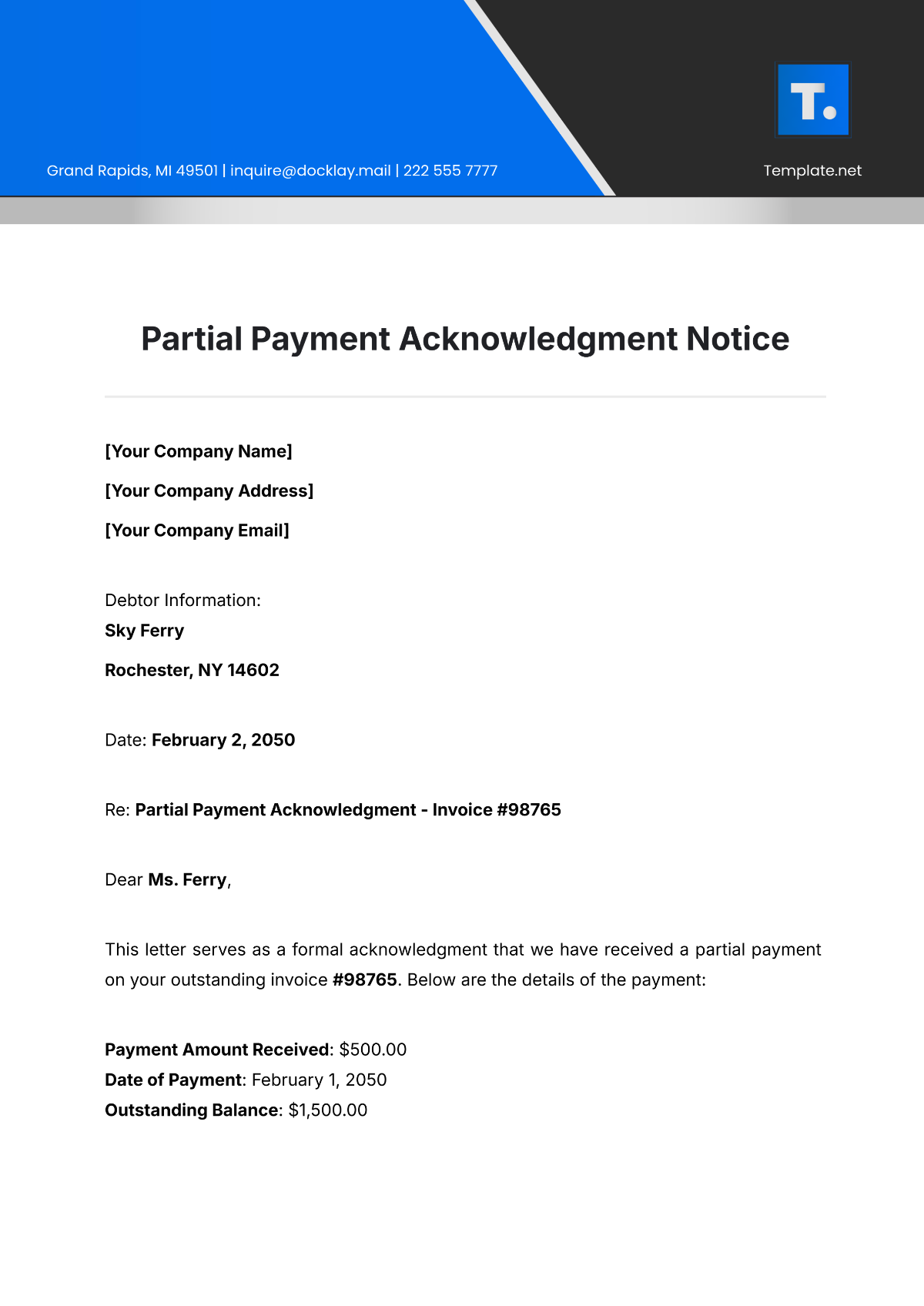 Partial Payment Acknowledgment Notice Template - Edit Online & Download