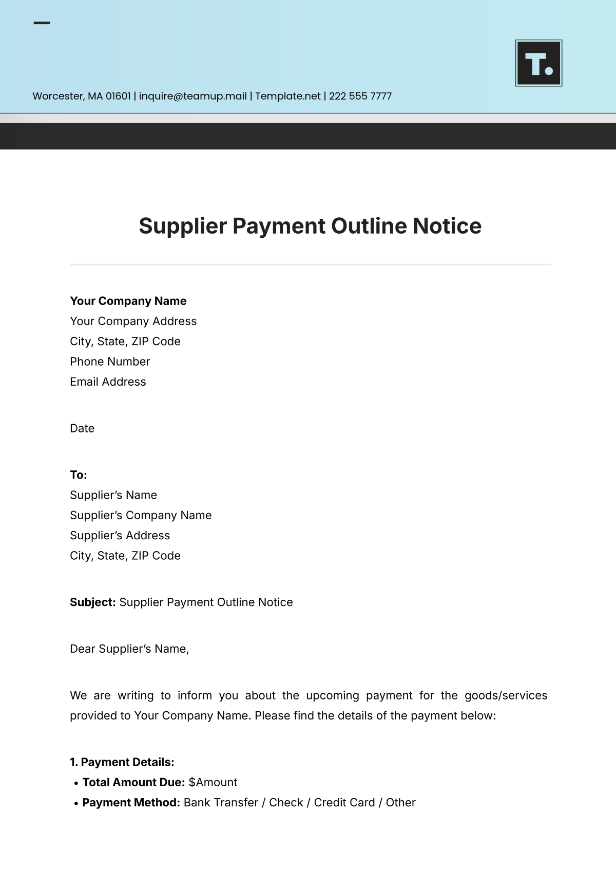 Supplier Payment Outline Notice Template - Edit Online & Download