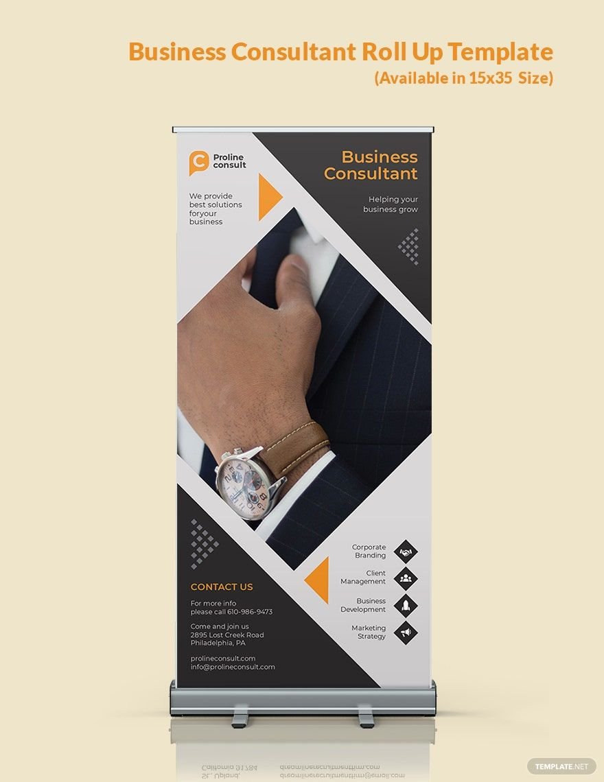 Free Business Consultant Roll Up Banner Template in Illustrator, PSD, InDesign