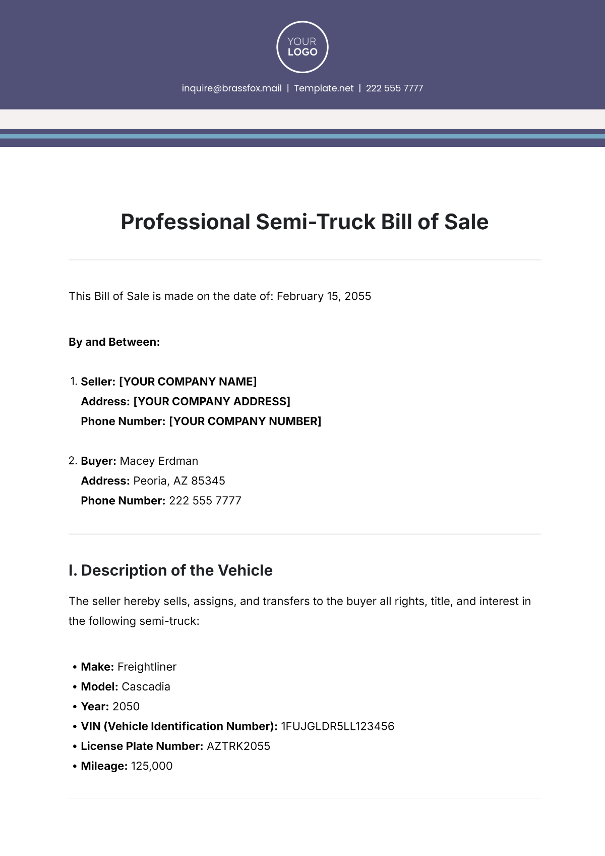 Professional Semi-Truck Bill of Sale Template - Edit Online & Download