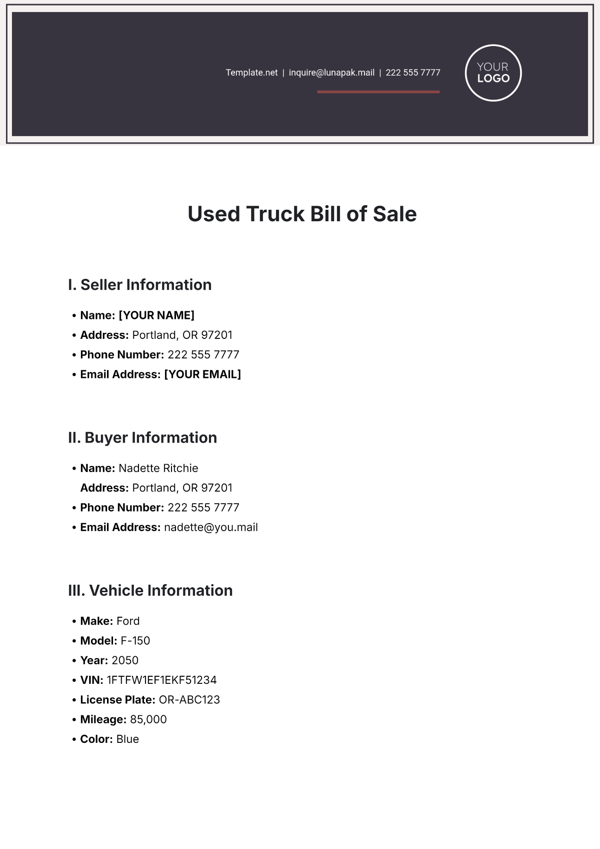 Used Truck Bill of Sale Template - Edit Online & Download