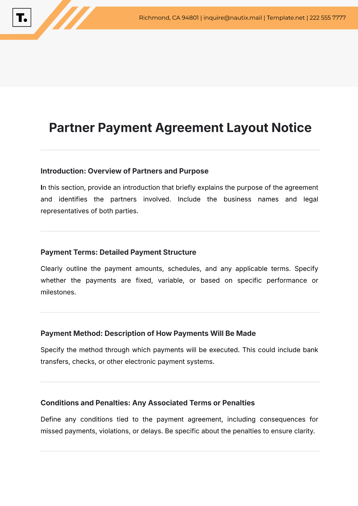 Partner Payment Agreement Layout Notice Template - Edit Online & Download