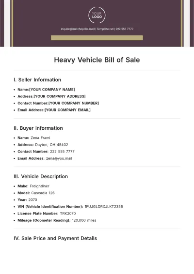 Free Heavy Vehicle Bill of Sale Template to Edit Online