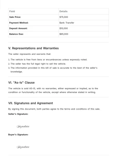 Free Heavy Vehicle Bill of Sale Template to Edit Online