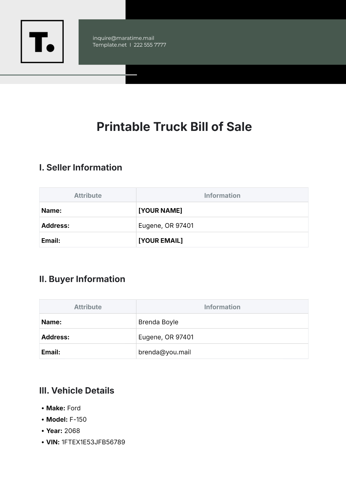 Printable Truck Bill of Sale Template - Edit Online & Download