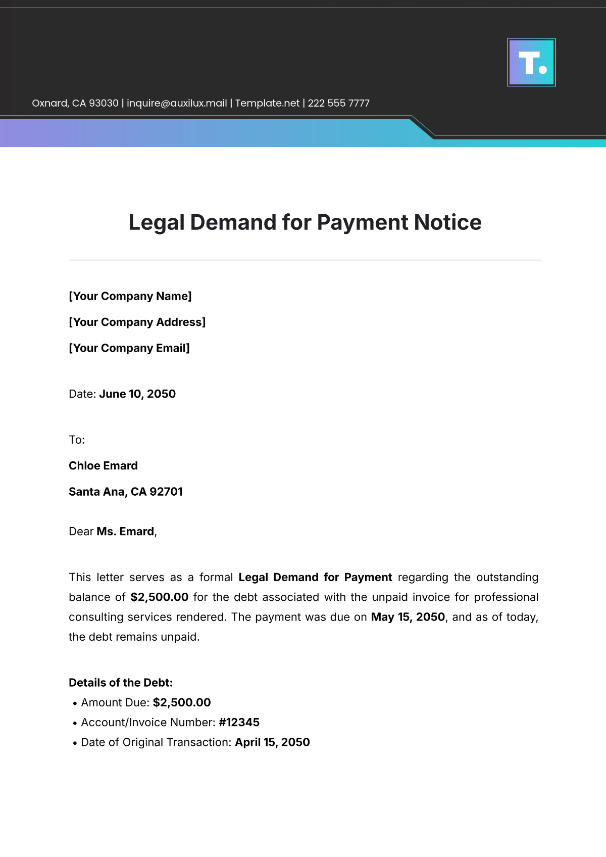 Legal Demand for Payment Notice Template - Edit Online & Download