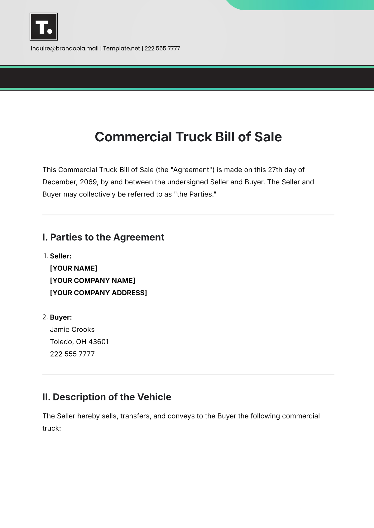 Commercial Truck Bill of Sale Template - Edit Online & Download