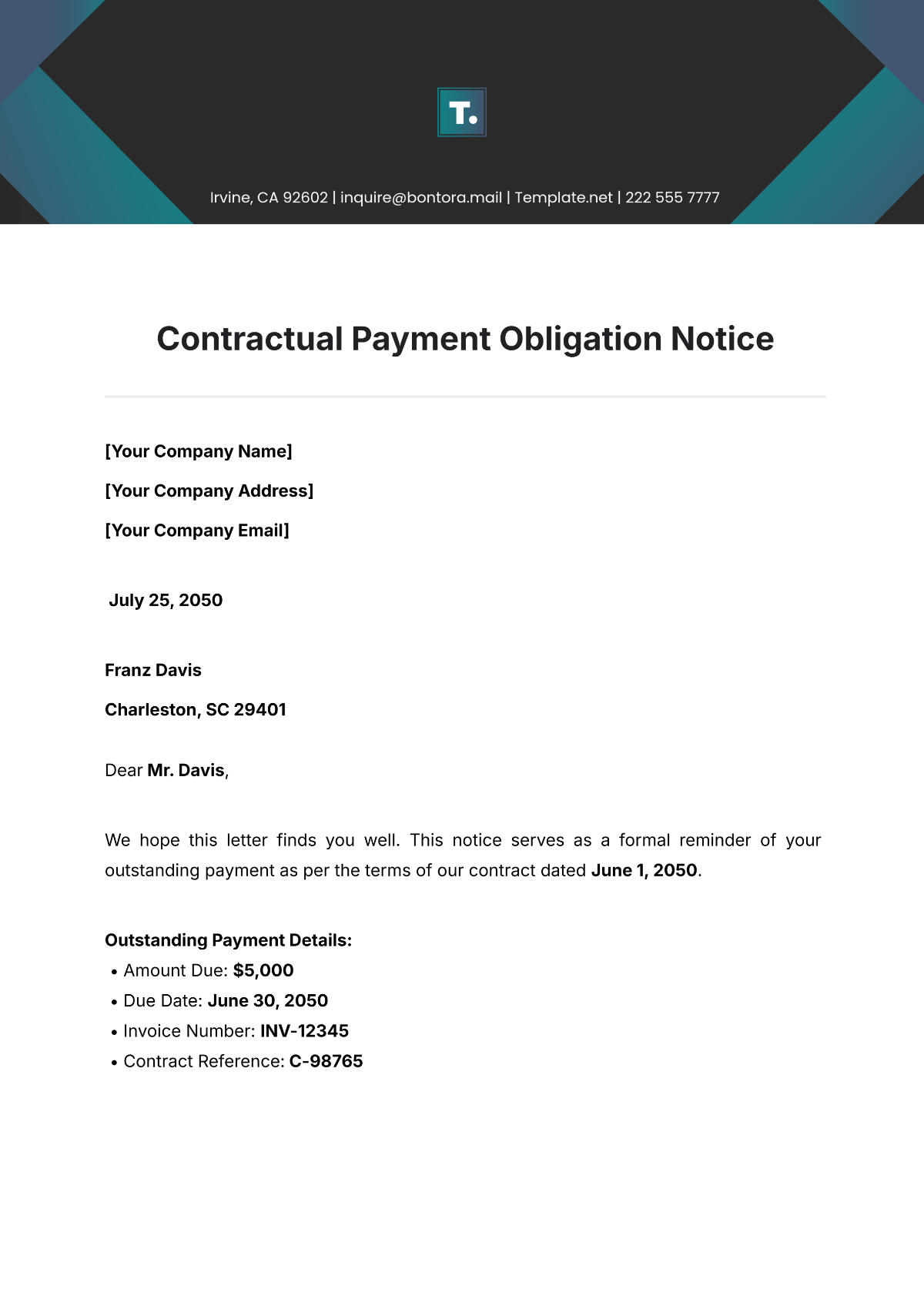 Contractual Payment Obligation Notice Template - Edit Online & Download