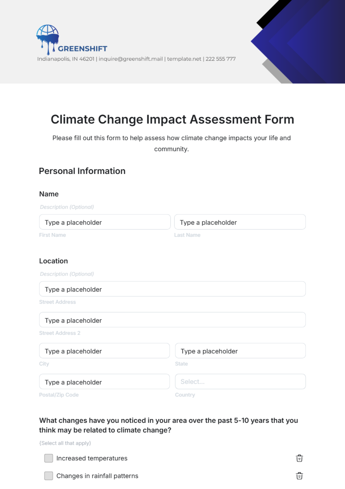 Free Climate Change Impact Assessment Form Template