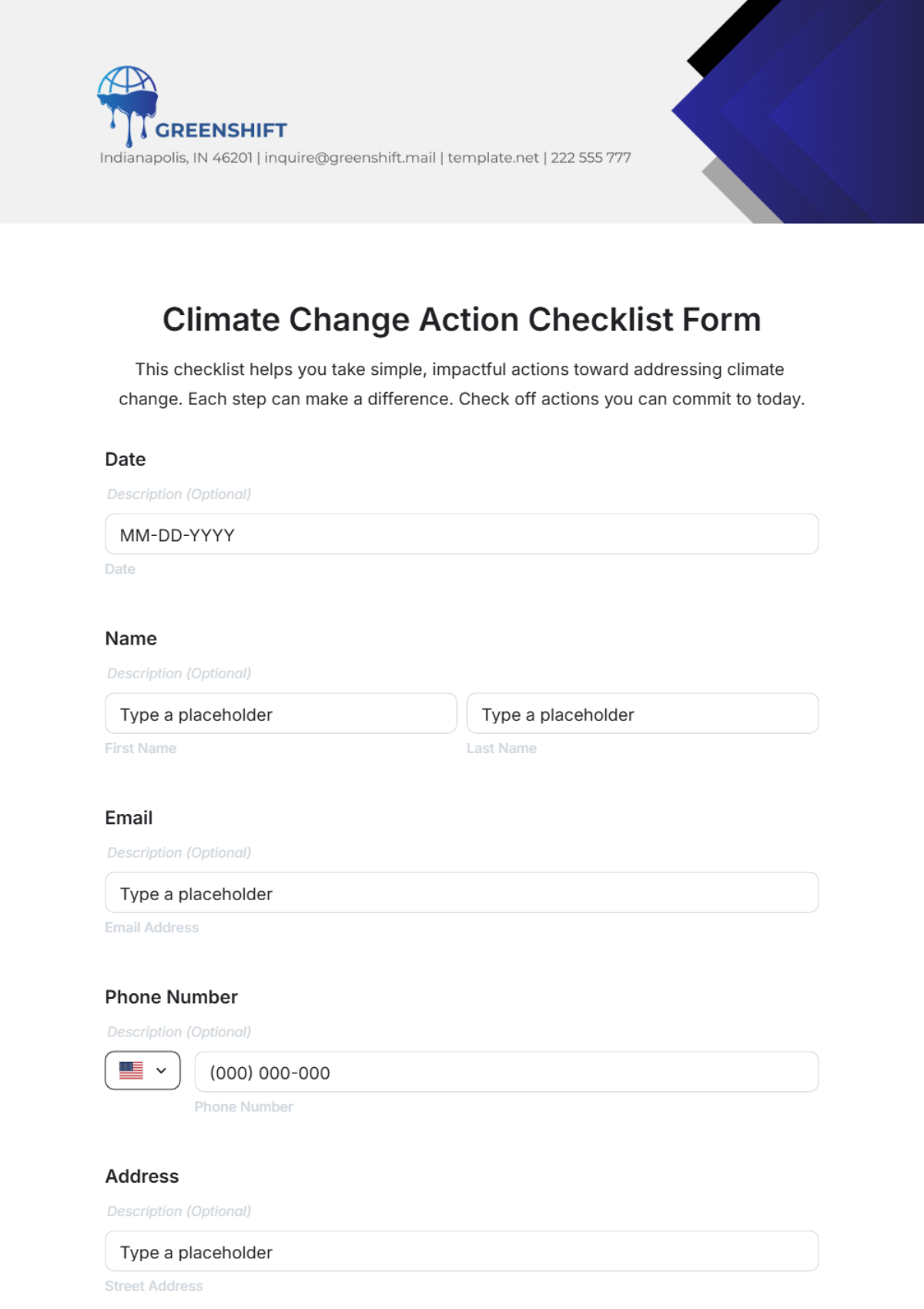 Free Climate Change Action Checklist Form Template