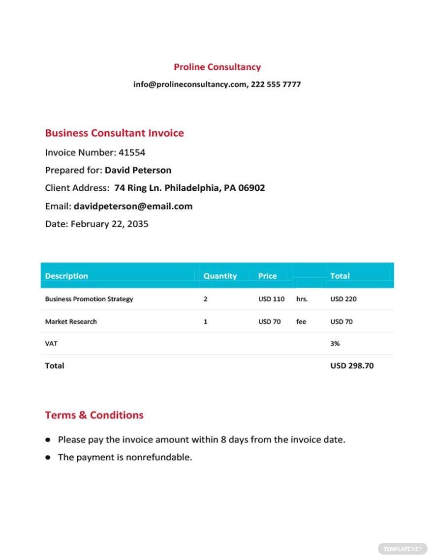 Free Business Consultant Invoice Template in Word, Google Docs, Google Sheets, Illustrator, PSD, Apple Pages, InDesign