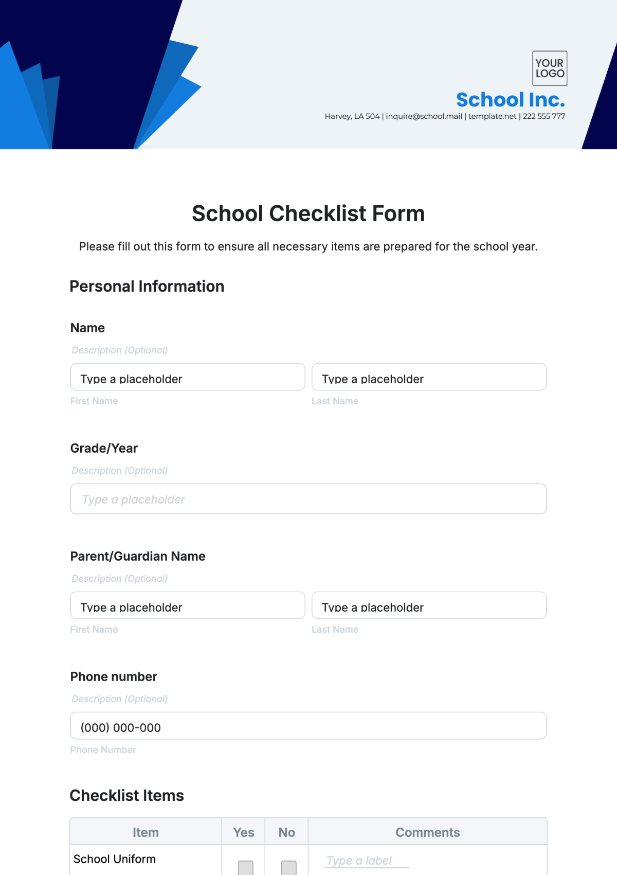 School Checklist Form Template - Edit Online & Download